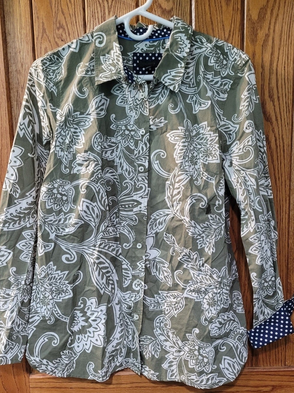 Talbots Olive and White Floral Button-Up Shirt with Polka Dot Trim